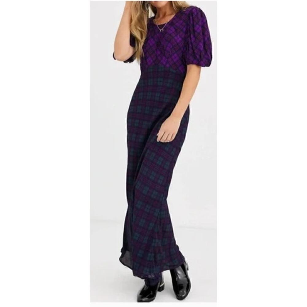 RAHI Cher Dress Short Puff Sleeve Keyhole Maxi Purple Green Mixed Plaid Medium